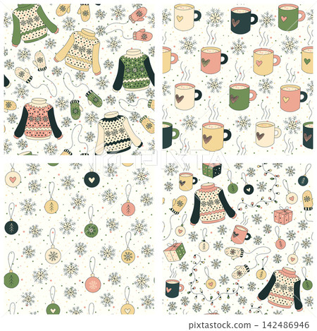 Hand drawn Christmas seamless patterns with cozy winter items in vintage colors Hand drawn Christmas seamless patterns with cozy winter items in vintage colors 142486946
