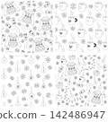 Hand drawn Christmas seamless patterns set with cozy winter items, black outline 142486947