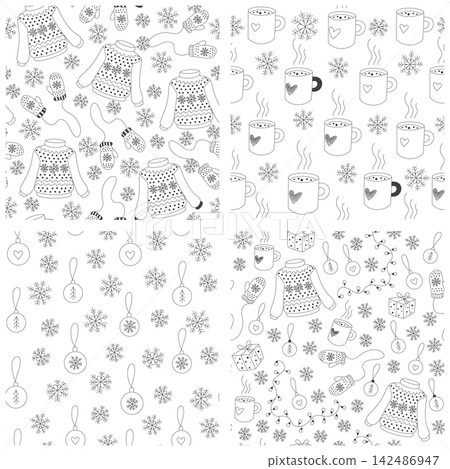 Hand drawn Christmas seamless patterns set with cozy winter items, black outline Hand drawn Christmas seamless patterns set with cozy winter items, black outline 142486947