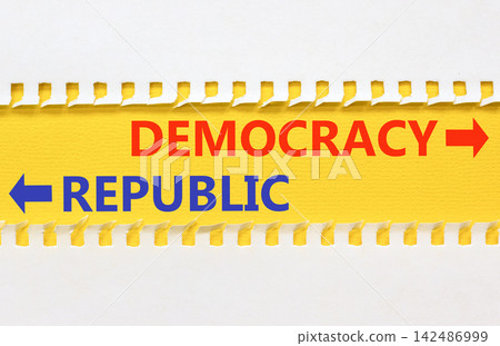 Democracy or republic words symbol. Concept words Democracy Republic on beautiful yellow paper. Beautiful white background. Business democracy republic concept. Copy space Democracy or republic words symbol. Concept words Democracy Republic on beautiful yellow paper. Beautiful white background. Business democracy republic concept. Copy space 142486999