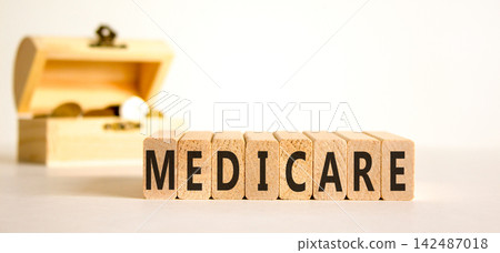 Medicare word symbol. Concept word Medicare on beautiful wooden blocks. Beautiful white background. Beautiful wooden chest with coins. Medical support help medicare word concept. Copy space. Medicare word symbol. Concept word Medicare on beautiful wooden blocks. Beautiful white background. Beautiful wooden chest with coins. Medical support help medicare word concept. Copy space. 142487018