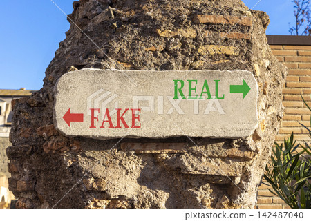 Real or fake words symbol. Concept words Fake and Real on beautiful white sign plate. Beautiful brick wall blue sky background. Business and real or fake concept. Copy space. 142487040