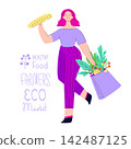 Walking girl with package full of vegetables and baguette in her hands. Vector illustration. For market concept, farmers festival poster, banner, flyer, organic food packaging, card, sticker 142487125