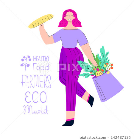 Walking girl with package full of vegetables and baguette in her hands. Vector illustration. For market concept, farmers festival poster, banner, flyer, organic food packaging, card, sticker Walking girl with package full of vegetables and baguette in her hands. Vector illustration. For market concept, farmers festival poster, banner, flyer, organic food packaging, card, sticker 142487125
