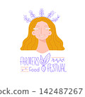 Cute poster about farmers festival with red girl and text. Thanksgiving banner. Vector illustration can be used for card, flyer, websites background, wallpaper, organic food packaging, market concept 142487267