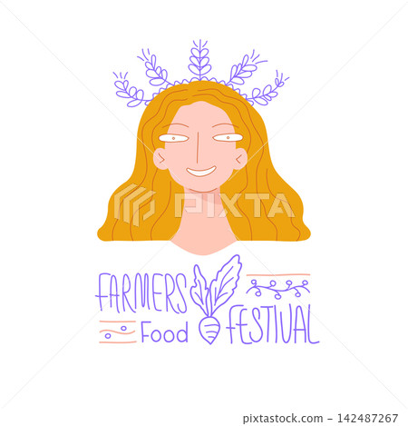 Cute poster about farmers festival with red girl and text. Thanksgiving banner. Vector illustration can be used for card, flyer, websites background, wallpaper, organic food packaging, market concept Cute poster about farmers festival with red girl and text. Thanksgiving banner. Vector illustration can be used for card, flyer, websites background, wallpaper, organic food packaging, market concept 142487267