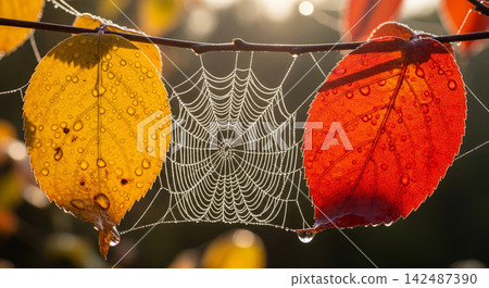 spider net with water drops spider net with water drops 142487390