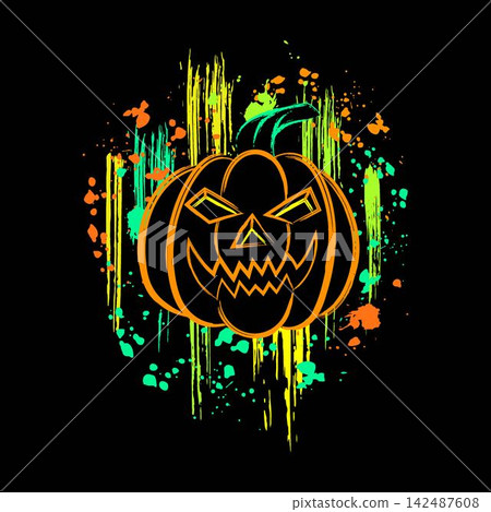 Halloween composition with traditional carved pumpkin, neon fluorescent ink splatters, paint drips around jack o lantern. Grunge style for holiday design. Isolated on black Halloween composition with traditional carved pumpkin, neon fluorescent ink splatters, paint drips around jack o lantern. Grunge style for holiday design. Isolated on black 142487608