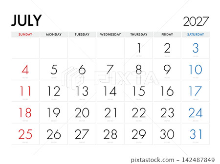2027年7月曆，顯示當天是哪一天。 （星期日為第一天）未標示日本公休日。 142487849