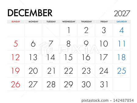 2027年12月日曆,顯示當天是哪一天。 (星期日為第一天)未標示日本公休日。 2027年12月日曆,顯示當天是哪一天。 (星期日為第一天)未標示日本公休日。 142487854