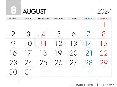A calendar for August 2027 that shows which day of the year it is. (Starts on Monday) 142487867