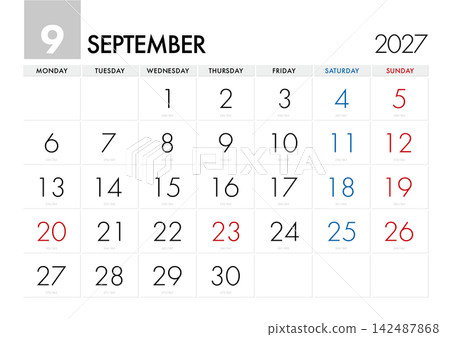 A calendar for September 2027 that shows which day of the year it is. (Starts on Monday) A calendar for September 2027 that shows which day of the year it is. (Starts on Monday) 142487868