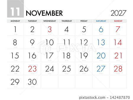 2027年11月日曆，顯示當天是哪一天。 （從星期一開始） 142487870