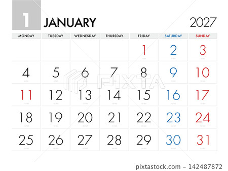 2027年1月日曆,顯示日期。 (從星期一開始) 2027年1月日曆,顯示日期。 (從星期一開始) 142487872