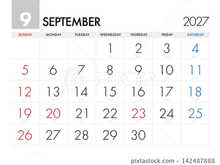 2027年9月日曆,顯示當天是哪一天。 (從星期日開始) 2027年9月日曆,顯示當天是哪一天。 (從星期日開始) 142487888