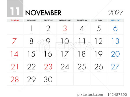 A calendar for November 2027 that shows which day of the year it is. (Starts on Sunday) A calendar for November 2027 that shows which day of the year it is. (Starts on Sunday) 142487890