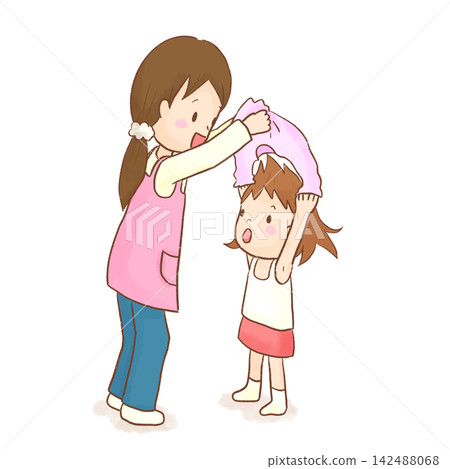 幼兒園老師幫助小女孩換衣服的插畫(背景透明)。 幼兒園老師幫助小女孩換衣服的插畫(背景透明)。 142488068