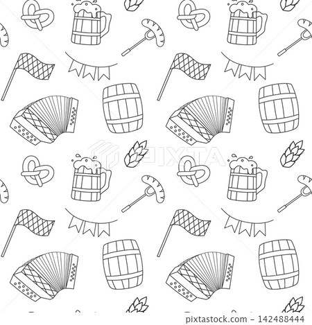 Monochrome seamless pattern of Oktoberfest in sketch style. Vector illustration for advertising and web design Monochrome seamless pattern of Oktoberfest in sketch style. Vector illustration for advertising and web design 142488444