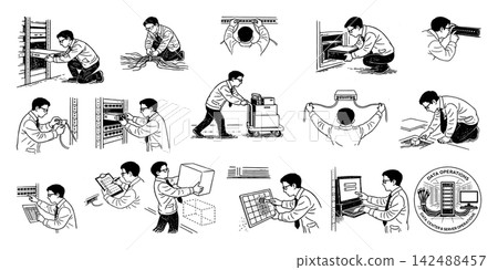 資料中心伺服器管理工作圖示集（安裝、佈線、維護、監控） 142488457
