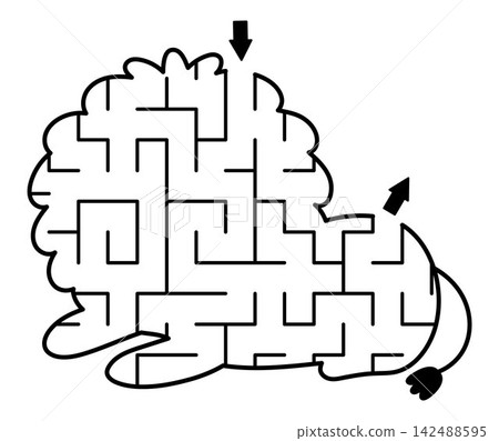 African savanna maze shaped as lion. Simple geometrical labyrinth game isolated on white background. Printable savannah activity or worksheet framed as safari animal African savanna maze shaped as lion. Simple geometrical labyrinth game isolated on white background. Printable savannah activity or worksheet framed as safari animal 142488595