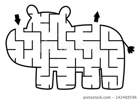 African savanna maze shaped as hippopotamus. Simple geometrical labyrinth game with hippo isolated on white background. Printable savannah activity or worksheet framed as safari animal African savanna maze shaped as hippopotamus. Simple geometrical labyrinth game with hippo isolated on white background. Printable savannah activity or worksheet framed as safari animal 142488596