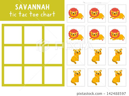 Vector savannah tic tac toe chart with cute animals. African savanna board game playing field with lion and lioness. Funny printable worksheet. Safari wildlife nature noughts and crosses grid Vector savannah tic tac toe chart with cute animals. African savanna board game playing field with lion and lioness. Funny printable worksheet. Safari wildlife nature noughts and crosses grid 142488597