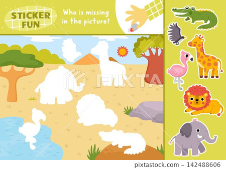 Vector savanna animals cut and glue activity. Crafting safari game with cute safari landscape, giraffe, elephant, lion. Wildlife printable worksheet. Complete picture. Fill up African savanna Vector savanna animals cut and glue activity. Crafting safari game with cute safari landscape, giraffe, elephant, lion. Wildlife printable worksheet. Complete picture. Fill up African savanna 142488606