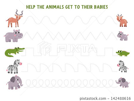 Vector safari handwriting practice worksheet with cute animals and their babies. African savannah printable activity. Savanna nature tracing game for writing skills with elephant, zebra, crocodile Vector safari handwriting practice worksheet with cute animals and their babies. African savannah printable activity. Savanna nature tracing game for writing skills with elephant, zebra, crocodile 142488616