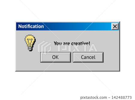 Vintage computer notification popup with lightbulb icon showing creative motivational message Vintage computer notification popup with lightbulb icon showing creative motivational message 142488773