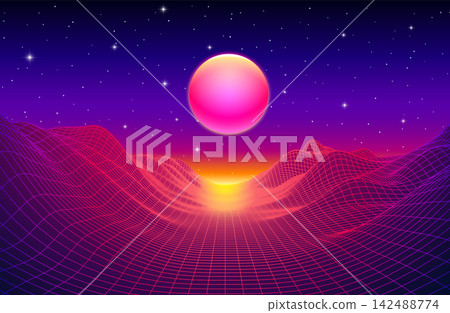 Glowing pink sun floating above neon wireframe canyon under starry purple sky Glowing pink sun floating above neon wireframe canyon under starry purple sky 142488774