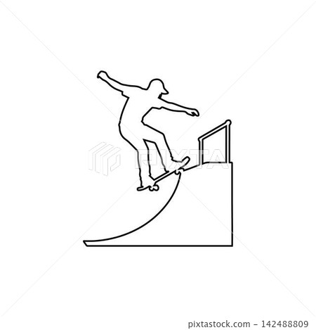 skateboarder performing trick on ramp outline isolated on white background skateboarder performing trick on ramp outline isolated on white background 142488809
