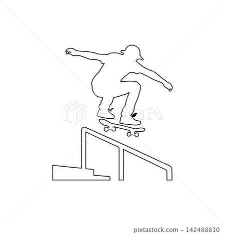 skateboarder performing trick on stairs outline isolated on white background 142488810