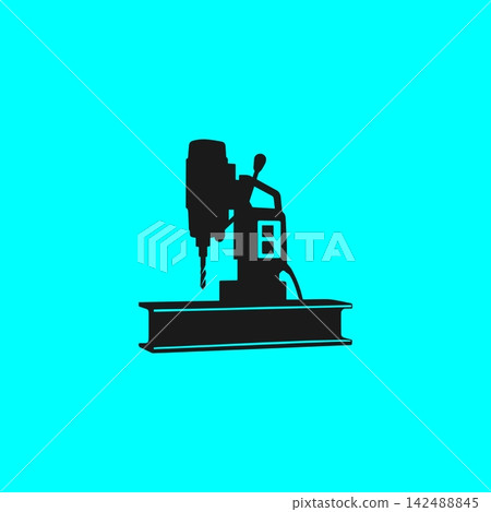 Magnetic base portable drill machine silhouette on steel I-beam for heavy construction and structural engineering. Magnetic base portable drill machine silhouette on steel I-beam for heavy construction and structural engineering. 142488845