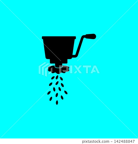 Manual seed spreader tool silhouette for agriculture sowing and lawn fertilizer distribution. Manual seed spreader tool silhouette for agriculture sowing and lawn fertilizer distribution. 142488847