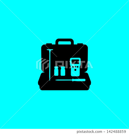 Open black test kit with a meter, vials, and a screwdriver illustration on a vivid cyan background. 142488859