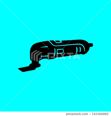 Oscillating multi tool black silhouette on a vibrant cyan background for versatile cutting and sanding tasks. Oscillating multi tool black silhouette on a vibrant cyan background for versatile cutting and sanding tasks. 142488860