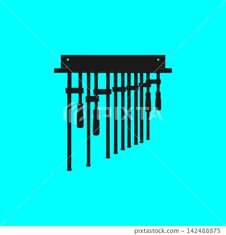 Set of adjustable bar clamps icon with black silhouette on cyan background for woodworking and carpentry workshop storage. 142488875