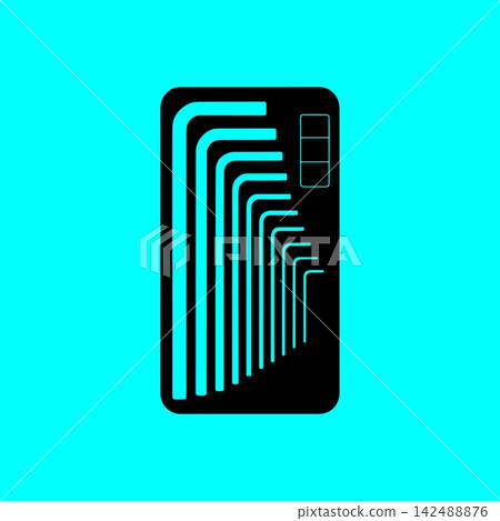 Set of black hex keys with blue accents arranged in a holder for mechanical tasks. Set of black hex keys with blue accents arranged in a holder for mechanical tasks. 142488876