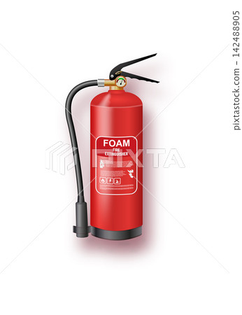 Foam Fire Extinguisher Realistic Emergency Safety Equipment. Safety equipment vector set with fire extinguisher and emergency tools. Foam Fire Extinguisher Realistic Emergency Safety Equipment. Safety equipment vector set with fire extinguisher and emergency tools. 142488905