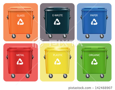 Green recycling bins for paper, plastic, and glass waste sorting. Eco-friendly trash containers vector illustration set for environmental management and garbage collection. Vector Green recycling bins for paper, plastic, and glass waste sorting. Eco-friendly trash containers vector illustration set for environmental management and garbage collection. Vector 142488907