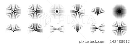 Sonar pulse patterns with ripple effects for technology projects. Isolated vector graphics showing signal frequencies, radio transmission symbols and digital monitoring displays. Sonar pulse patterns with ripple effects for technology projects. Isolated vector graphics showing signal frequencies, radio transmission symbols and digital monitoring displays. 142488912