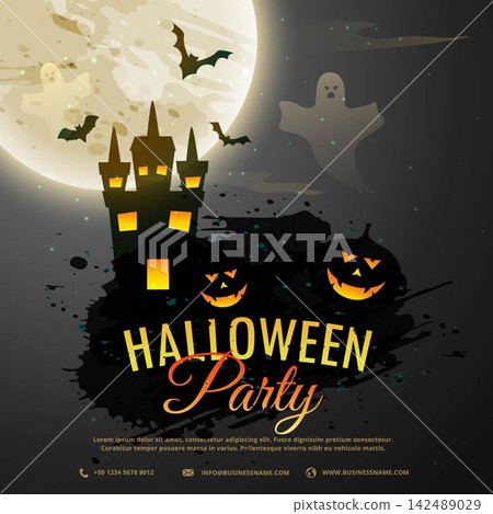 halloween night background with creepy castle, ghost, pumpkin and flying bats halloween night background with creepy castle, ghost, pumpkin and flying bats 142489029