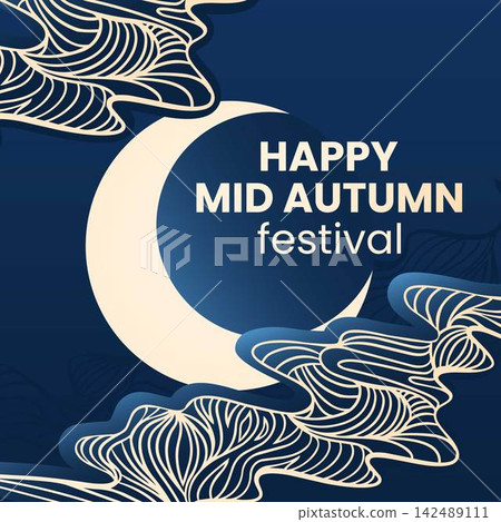 Elegant Mid-Autumn Festival design with crescent moon and flowing botanical line art on dark blue background. Sophisticated seasonal design for greetings, posters, banners and cultural celebrations. Elegant Mid-Autumn Festival design with crescent moon and flowing botanical line art on dark blue background. Sophisticated seasonal design for greetings, posters, banners and cultural celebrations. 142489111