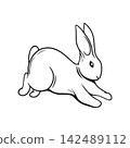 Cute jumping rabbit line art illustration. Clean hand-drawn style suitable for Mid-Autumn Festival designs, childrens graphics, coloring pages, stickers, posters and seasonal illustrations. 142489112