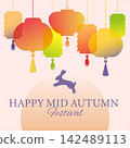 Colorful Chinese lanterns for Mid-Autumn Festival with rabbit silhouette and moon on pastel background. Good for Moon Festival greeting cards, invitations, posters, banners. 142489113