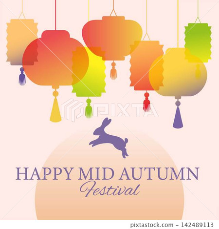 Colorful Chinese lanterns for Mid-Autumn Festival with rabbit silhouette and moon on pastel background. Good for Moon Festival greeting cards, invitations, posters, banners. Colorful Chinese lanterns for Mid-Autumn Festival with rabbit silhouette and moon on pastel background. Good for Moon Festival greeting cards, invitations, posters, banners. 142489113