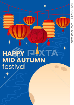 Mid-Autumn Festival illustration with colorful traditional Chinese lanterns against night sky with stars, decorative clouds and a large full moon. Good for Asian holiday designs, posters and banners. Mid-Autumn Festival illustration with colorful traditional Chinese lanterns against night sky with stars, decorative clouds and a large full moon. Good for Asian holiday designs, posters and banners. 142489120