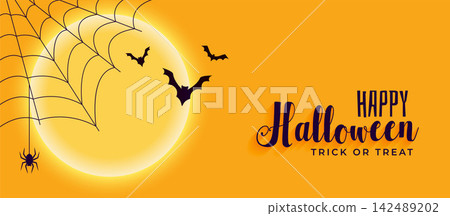 happy halloween banner with spider web and flying bats happy halloween banner with spider web and flying bats 142489202