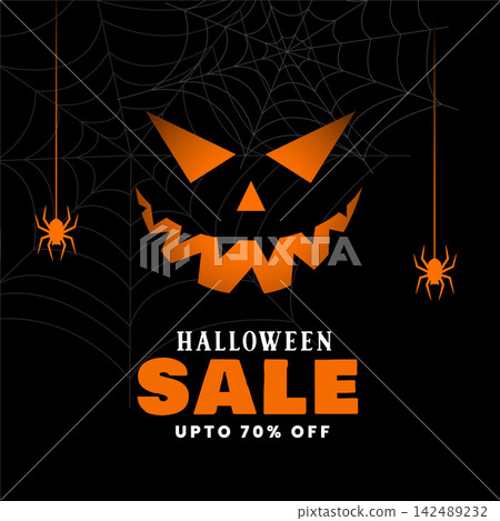 happy halloween sale black background with spiders and ghost face happy halloween sale black background with spiders and ghost face 142489232