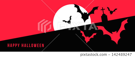 happy halloween banner with full moon and flying bats happy halloween banner with full moon and flying bats 142489247